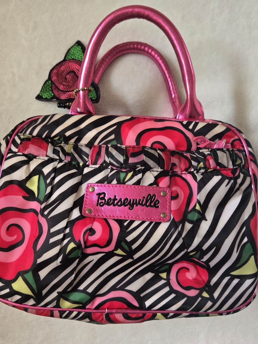 Betsey Johnson Pink Rose Zebra Satchel with Metallic Handles